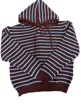 Women's Striped Crewneck Hoodie Sweater in Brown and Light Blue